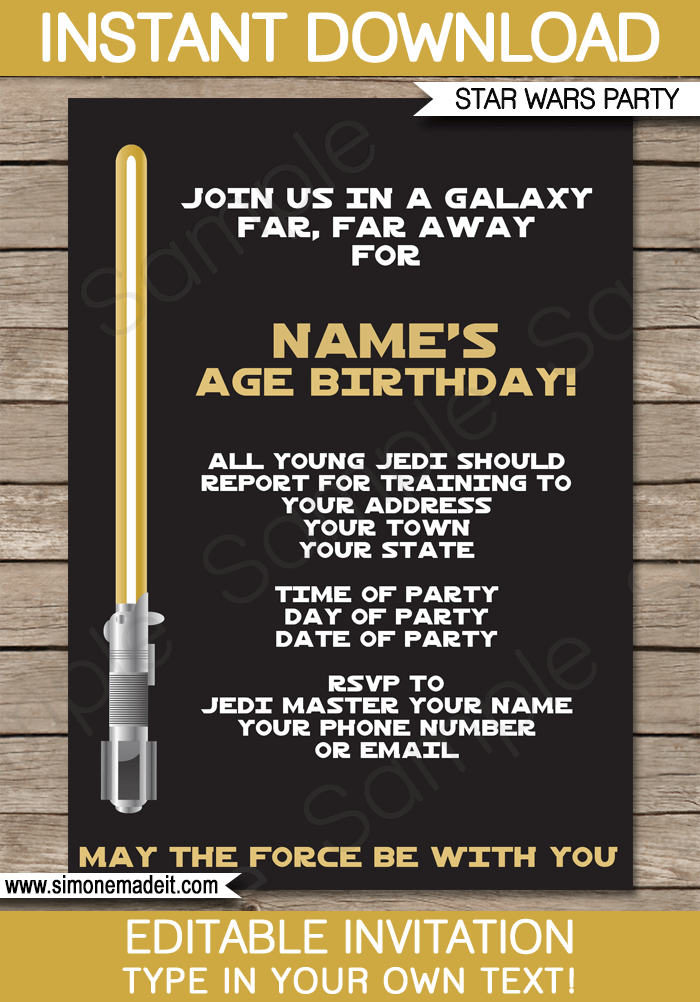 Gold Star Wars Invitations Editable Template Birthday Party