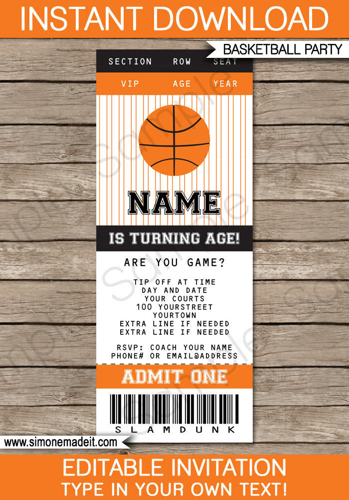 Personalize Basketball Party Ticket Invitations Instant Download