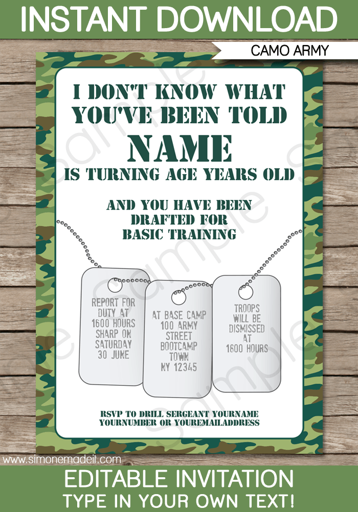 Army Party Invitation Green Camo Army Birthday Party Invite