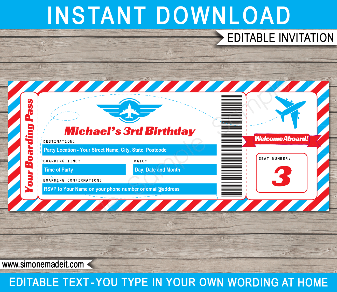 Plane Ticket Invite Blue INSTANT DOWNLOAD EDITABLE text Boarding Pass
