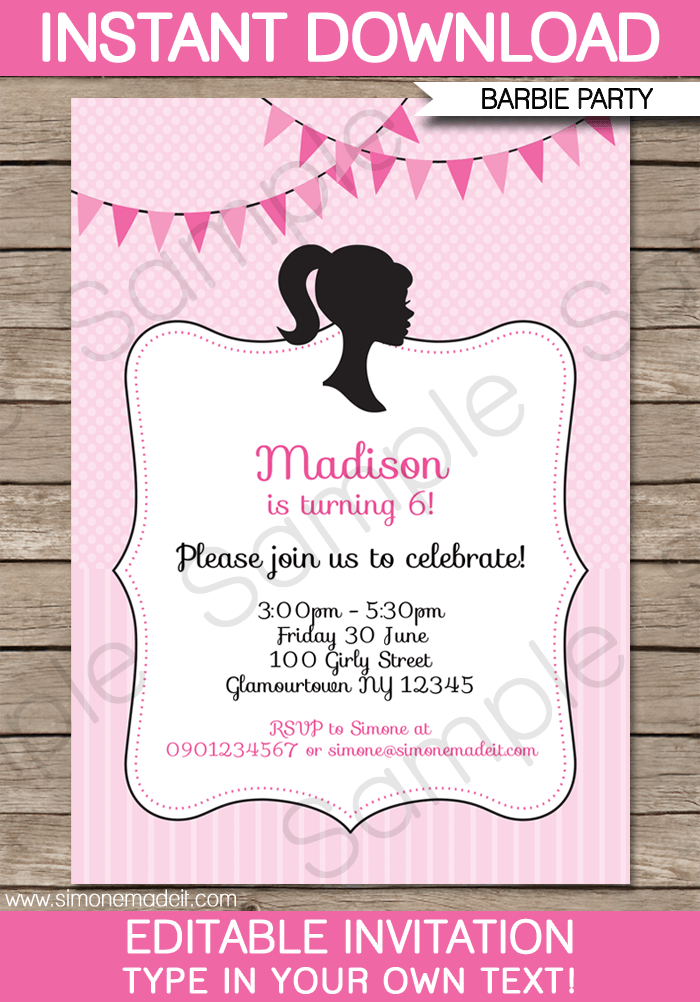Barbie Party Invitations Template  Birthday Party