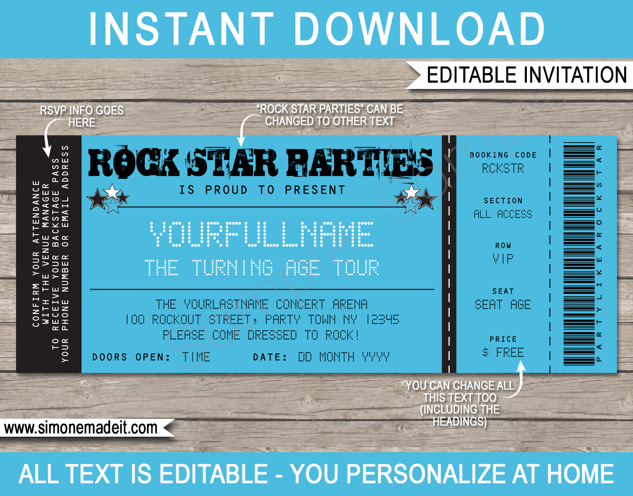 Rockstar Party Ticket Invitation Template Birthday Concert Ticket Invite