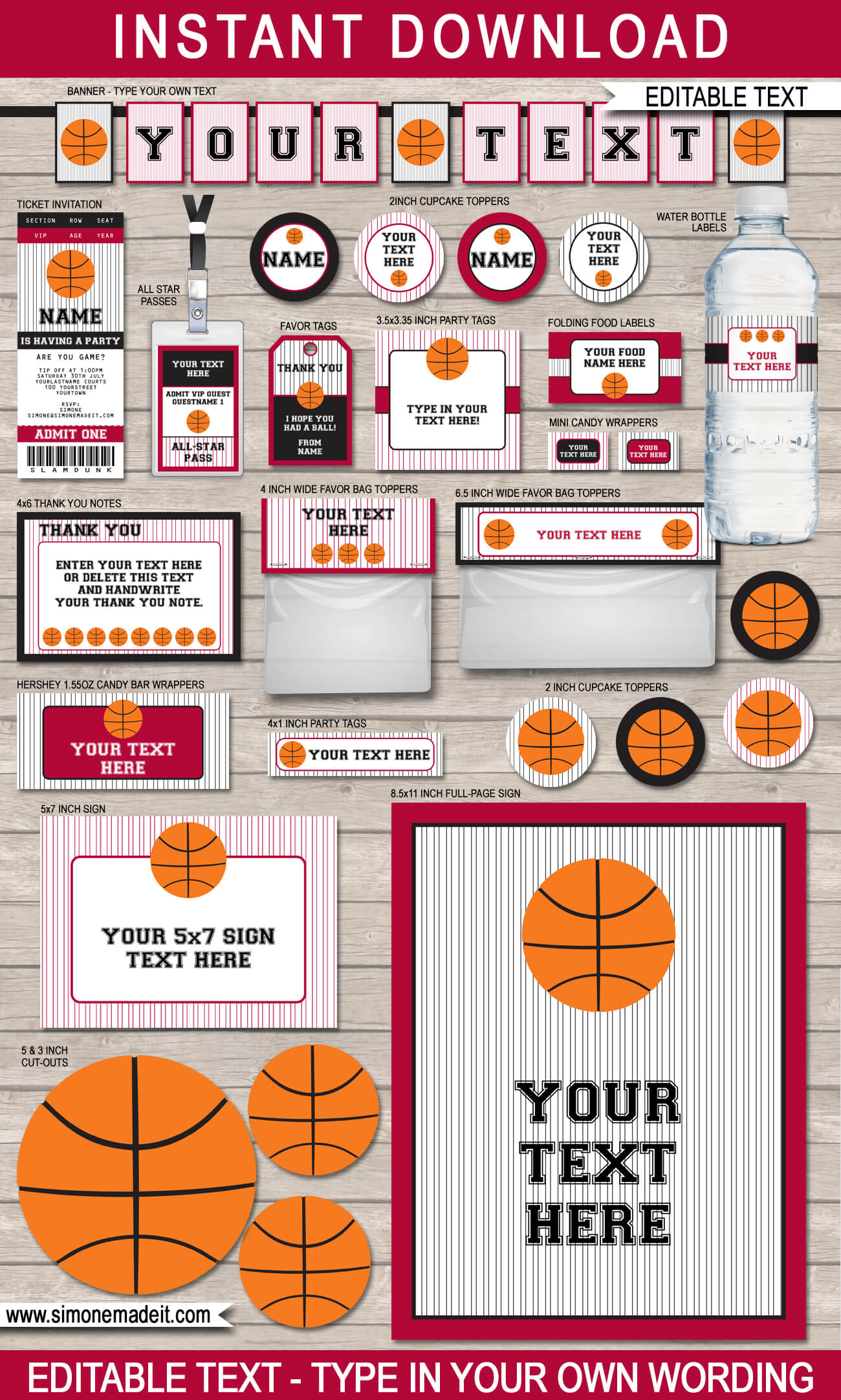 Black Crimson Basketball Printables Invitations Decorations