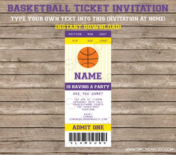 Printable Basketball Party Invitation Template - purple / yellow