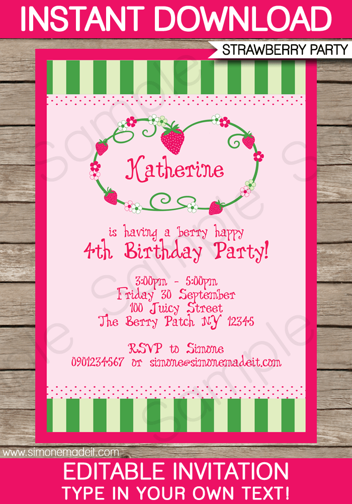 Strawberry Shortcake Party Invitations Template Birthday