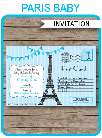 Printable blue Paris Baby Shower Invitations Template