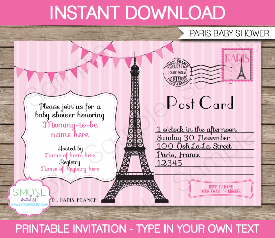 Paris Baby Shower Invitations Printable Template | Paris Postcard Invites