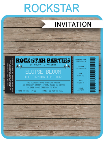 Rockstar Party Ticket Invitation Template | Blue | Birthday