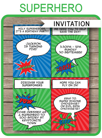 Super Hero Party Invitations Template | Superhero Birthday