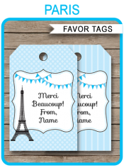 Paris Birthday Party Favor Tags | Blue | Thank You Tags | Editable Template