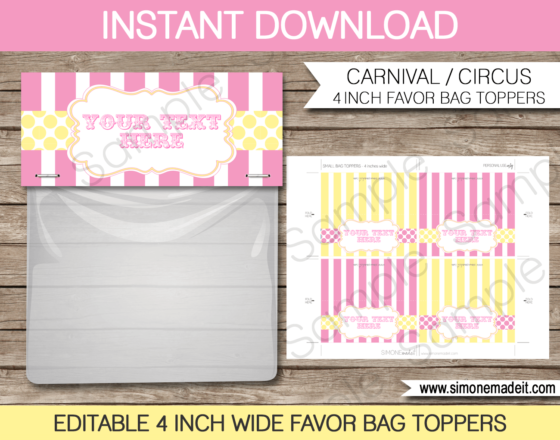 Carnival Favor Bag Toppers Template | Circus Theme Party Favor Tags