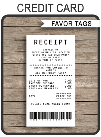 Credit Card Receipt Favor Tag Template Printable Shopping 