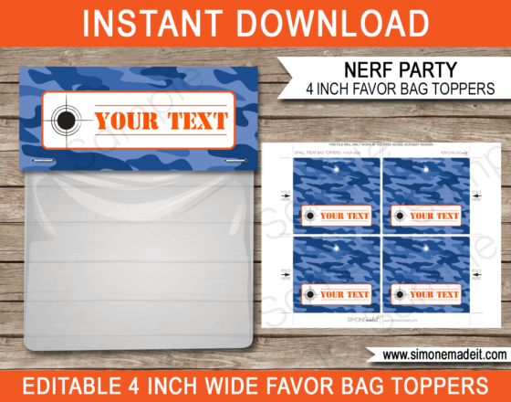 Blue Camo Nerf Favor Bag Toppers Template | Nerf Birthday Party Favors