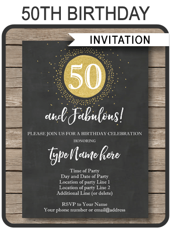 Chalkboard 50th Birthday Invitations Template | Gold Glitter