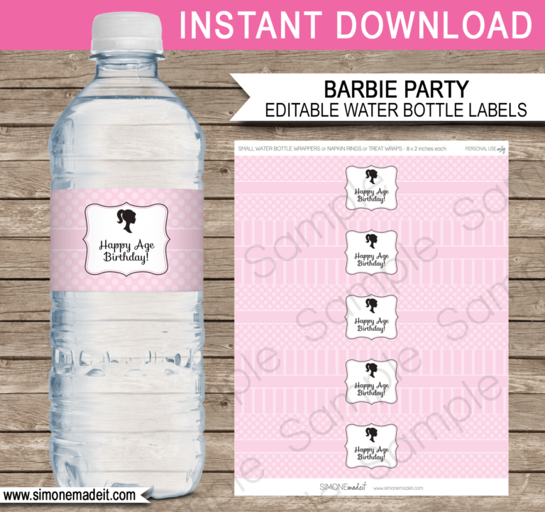 Barbie Party Water Bottle Labels Editable Template