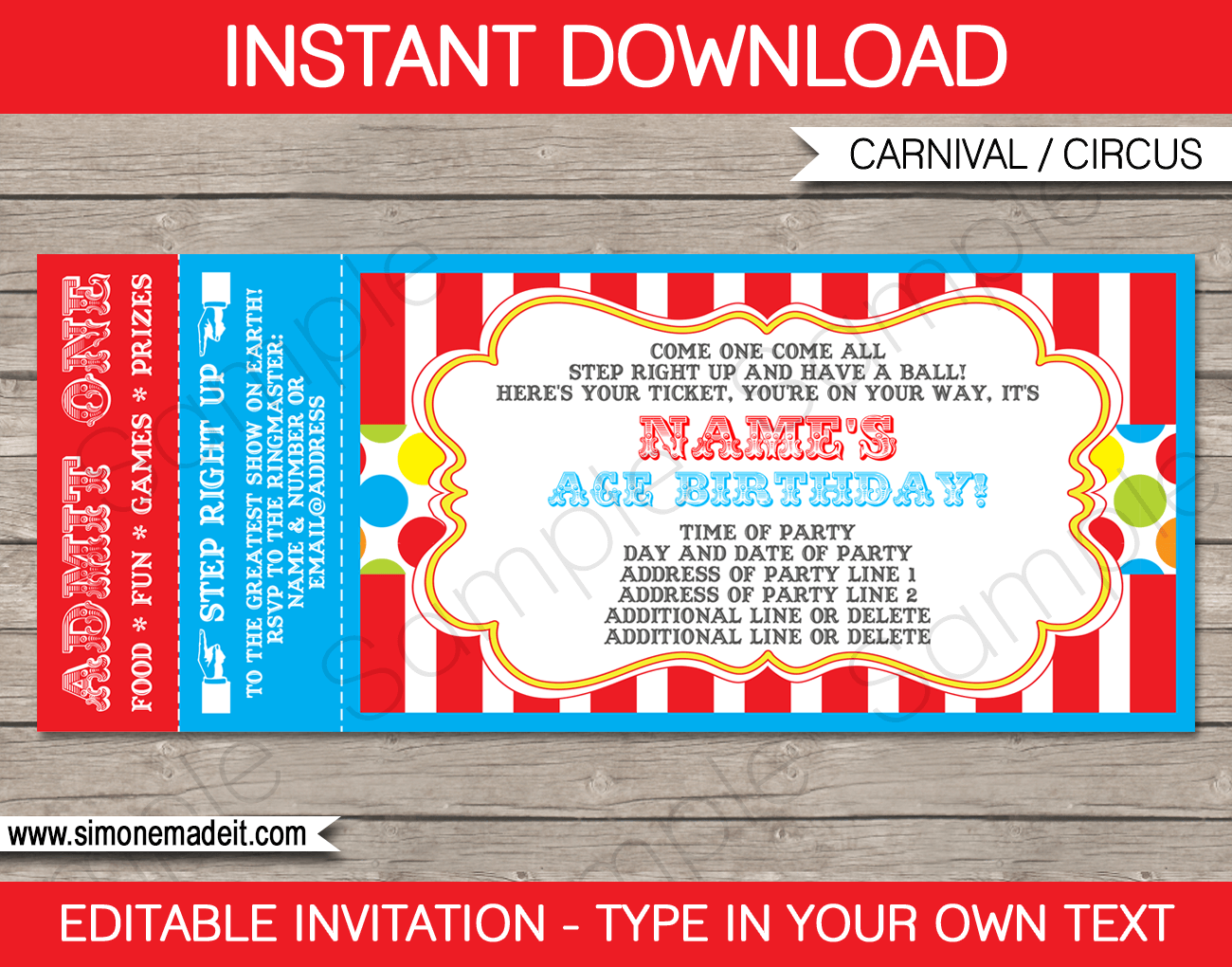 Carnival Ticket Invitation Template  Printable Circus Birthday Party Invite