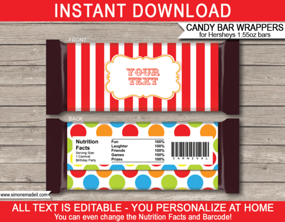 Carnival Hershey Candy Bar Wrappers | Personalized Candy Bars