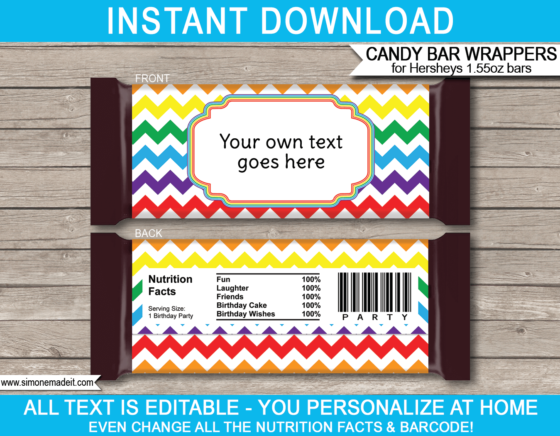 Rainbow Hershey Candy Bar Wrappers Template, Personalized Candy Bar