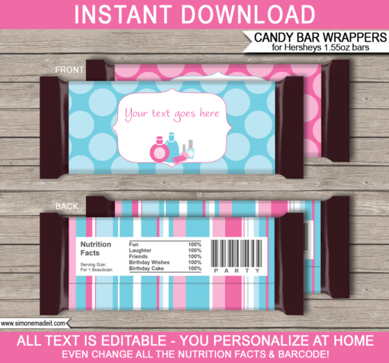 Spa Party Hershey Candy Bar Wrappers | Personalized Candy Bars