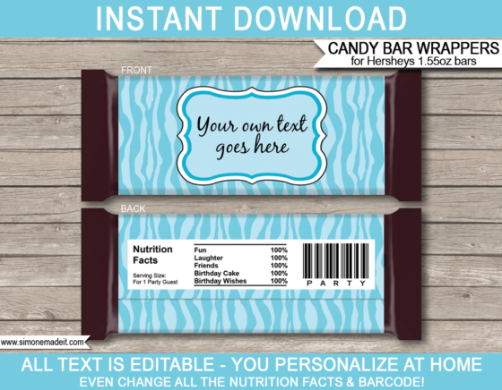 Turquoise Zebra Hershey Candy Bar Wrappers | Personalized Labels