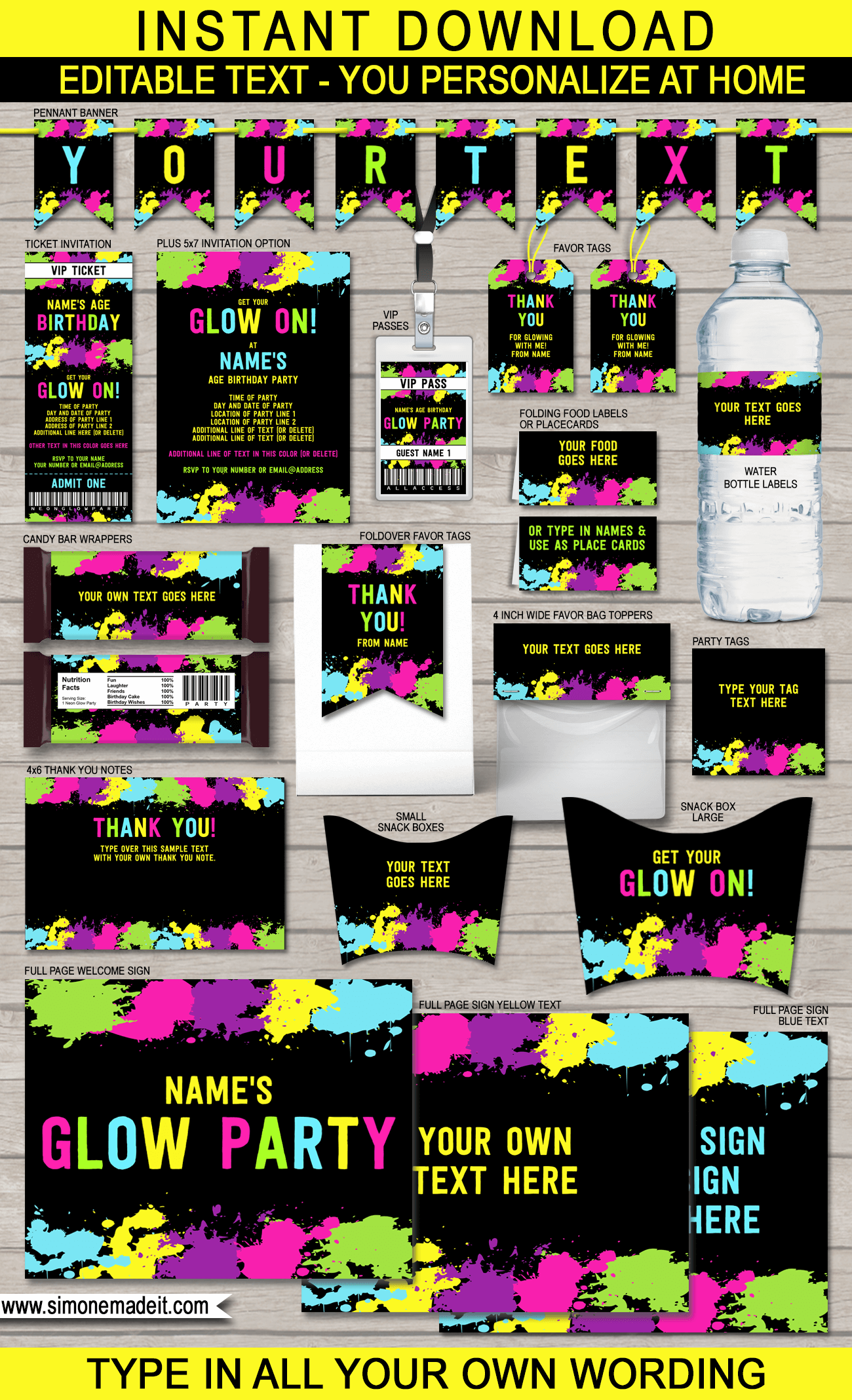 Neon Glow Party Printables Invitations Decorations Editable Templates