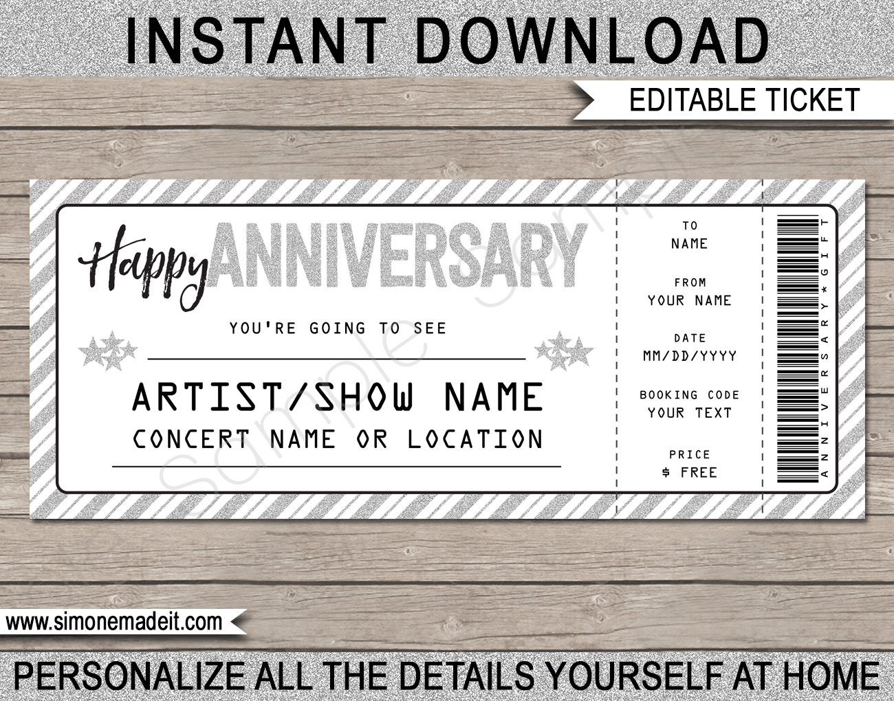 Anniversary Concert Gift Ticket Template Surprise Anniversary Gift