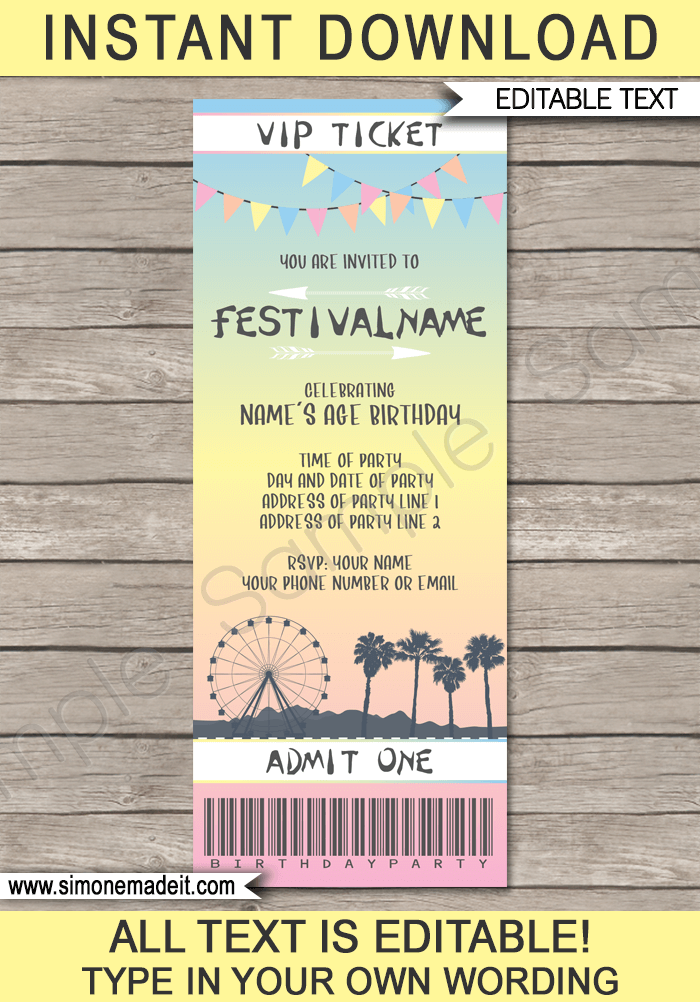 Coachella Themed Party Ticket Invitation Template Festival Invite