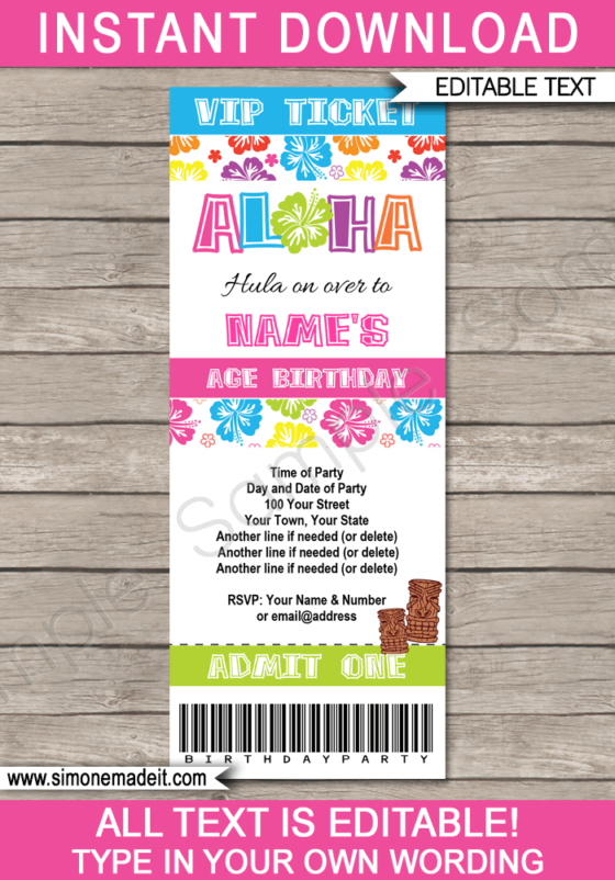 Luau Party Ticket Invitation Template Luau Birthday Party Ticket Invite