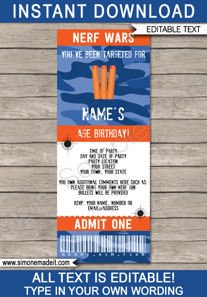 Nerf Party Ticket Invitation Template Printable Nerf Wars Invite Birthday