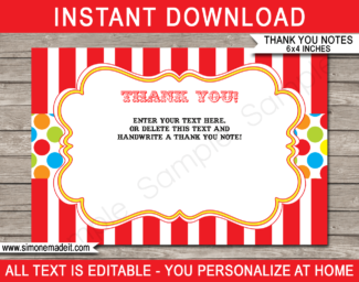 Printable Carnival Party Thank You Cards Template | Birthday Party Favor