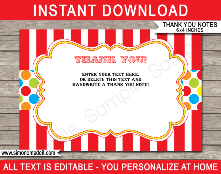 Printable Carnival Party Thank You Cards Template | Birthday Party Favor