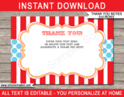 Circus Party Thank You Cards Printable Template | Carnival Birthday Party