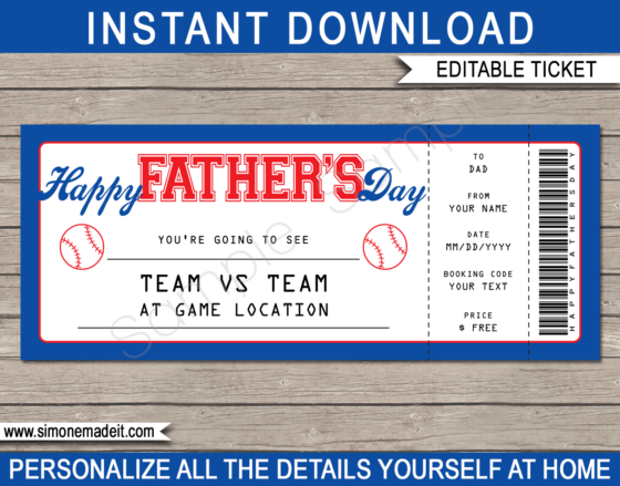 fathers day baseball ticket gift voucher printable baseball ticket