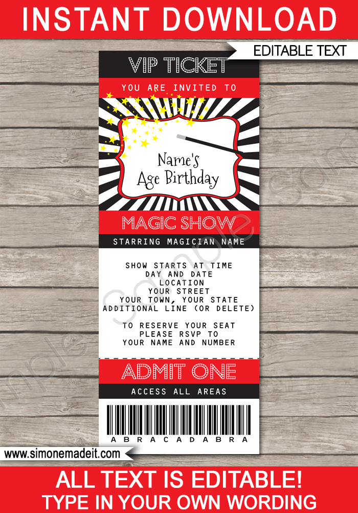printable magic ticket invitation template magic party
