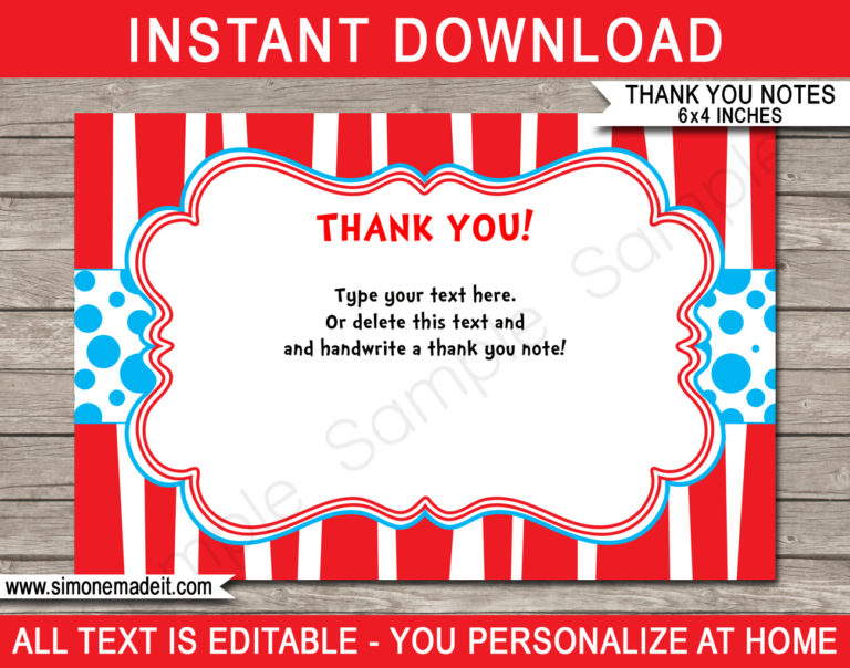 Printable Dr Seuss Party Thank You Cards | Dr Seuss Birthday Party