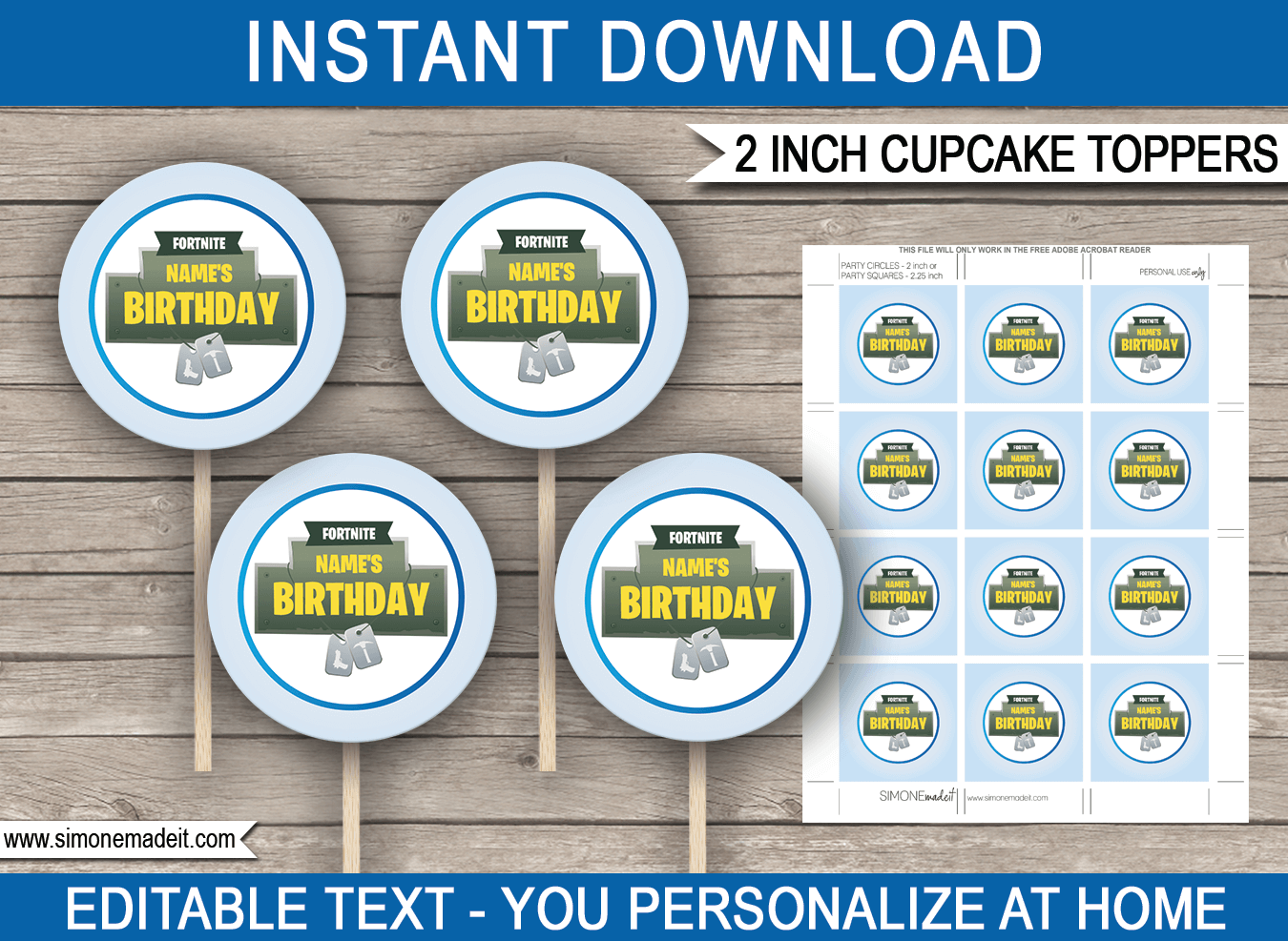fortnite cupcake toppers template blue - diy fortnite gifts