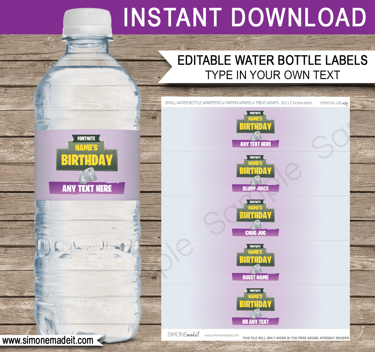 Fortnite Party Water Bottle Labels template - purple