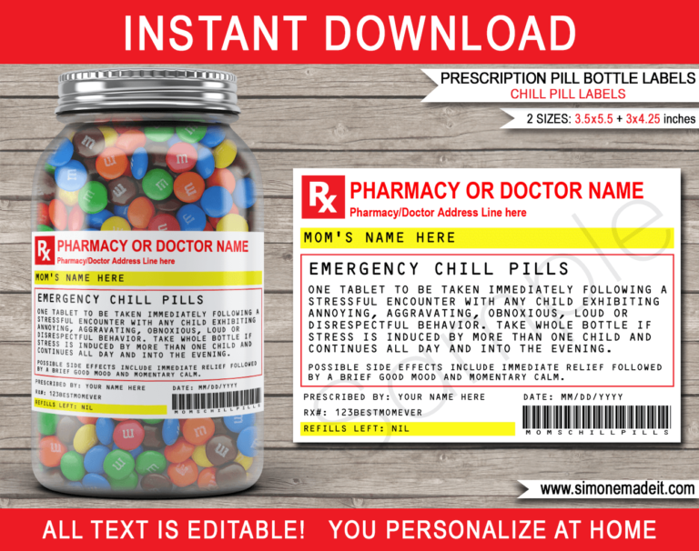 Prescription Mom Chill Pills Label Template | Funny Gag Gift for Mom