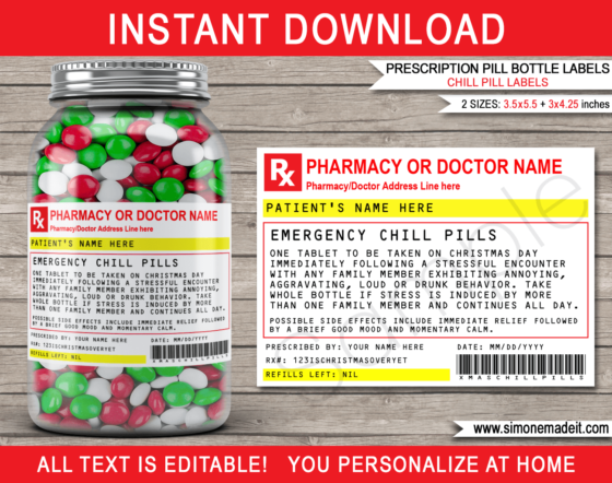 Christmas Chill Pills Label Template Prescription | Friend, Family Gag Gift