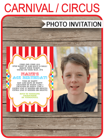 Carnival Photo Invitation Template | Circus Theme Birthday Party Invite