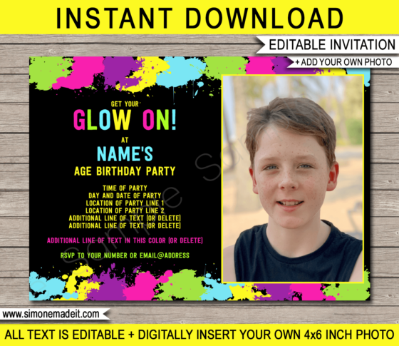 Neon Glow Photo Invitation Template | Glow Theme Birthday Party Invite