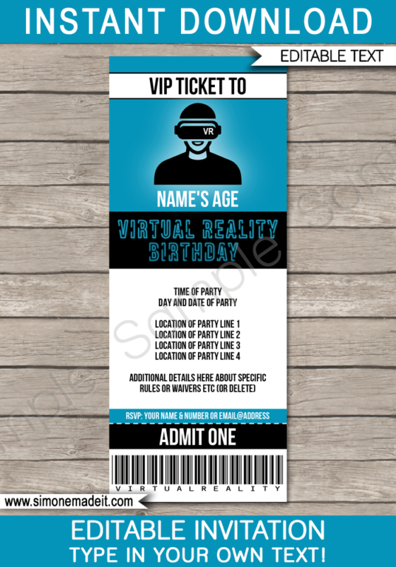 Virtual Reality Birthday Party Ticket Invitation Template | VR Theme Invite