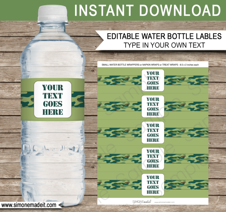 Army Party Water Bottle Labels | Army Theme Birthday | Camo Decorations