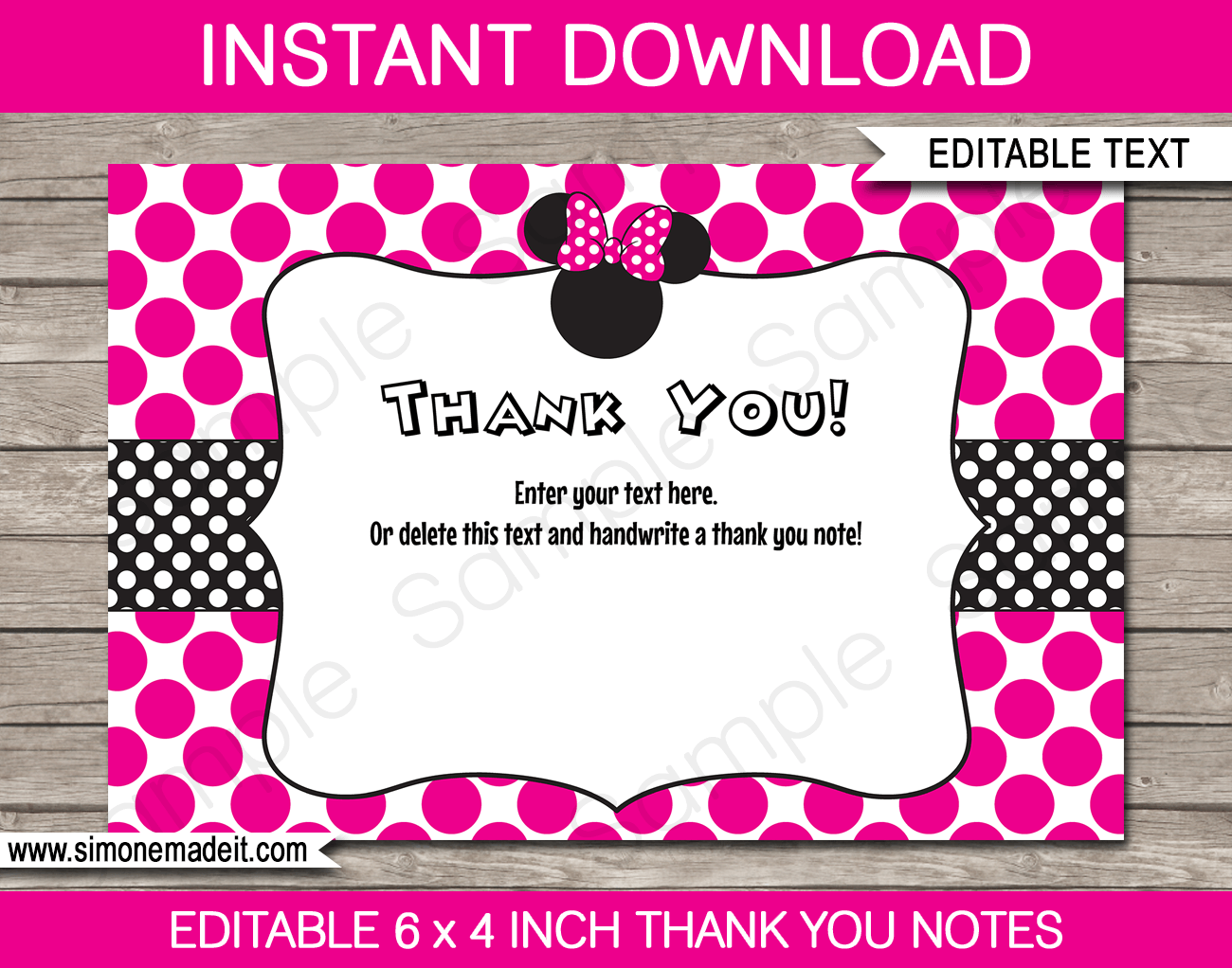 Minnie Mouse Thank You Cards Template Printable Birthday Party PDF