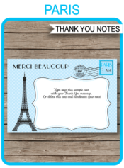 Printable Blue Paris Party Thank You Cards Template - Favor Tags - Editable Text PDF - Instant Download via simonemadeit.com