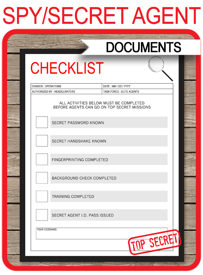 Spy Party Mission Activities Checklist Template Printable Secret