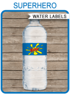 Superhero Party Water Bottle Labels template – blue
