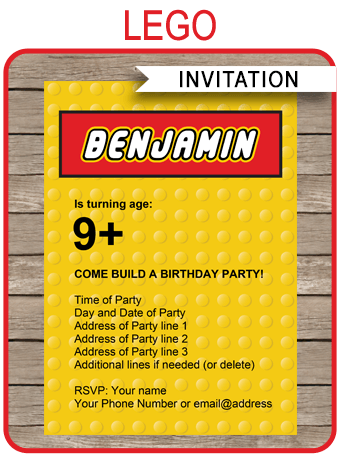 Lego Birthday Party Invitations Template | Editable ...